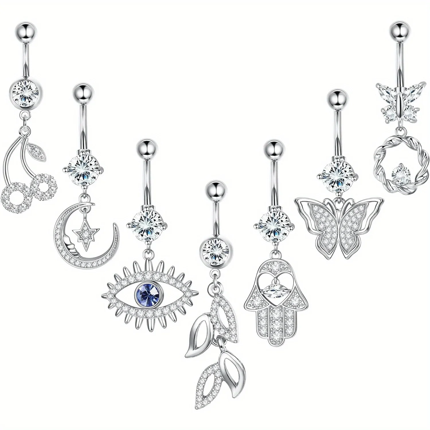 

Diamday 1Pc Stainless Steel 14G Belly Button Bar Barbells for Women Evil Eye Butterfly CZ Dangly Belly Button Piercing Jewellery