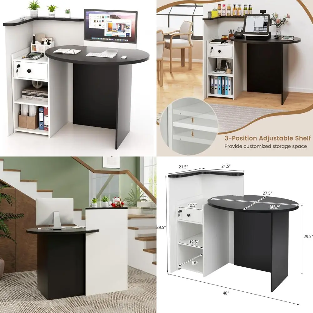 Reception Desk, Small Retail Checkout Counter with Lockable Drawer and Open Shelves, Wooden Computer Workstation for Home Office