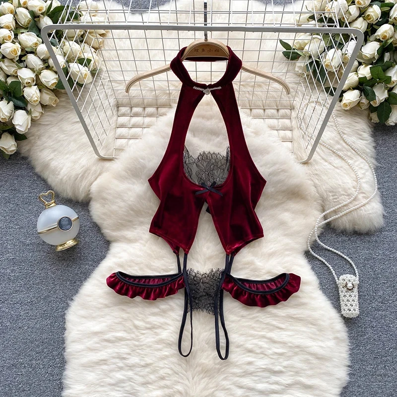 Women Sexy Elegant Jumpsuit One Piece Hollow With Lace Splicing Sweet Bow Erotic Halter Pearl Buckle Retro Backless Rompers