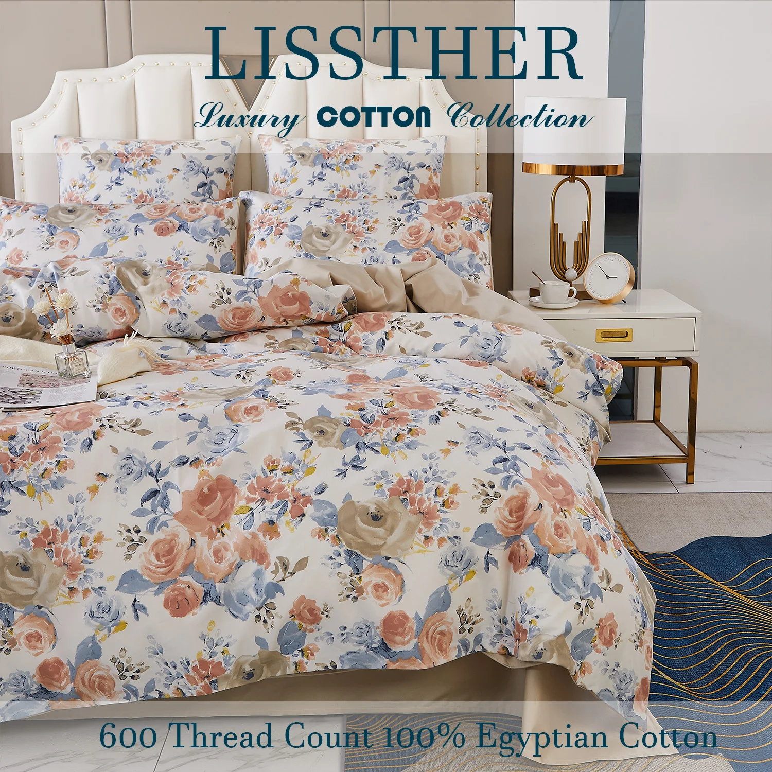 

3pcs 600 Thread Count 100% Egyptian Cotton Duvet Cover Set (Without Core), Vintage Garden Flower Print, Soft And Skin-friendly