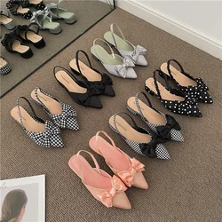 Women Sandals Summer 2023 Pointed Low Heels Bow-knot Sandalias Fashion Baotou Strap Elegant Female Shoes Chaussure Femme Slip-On