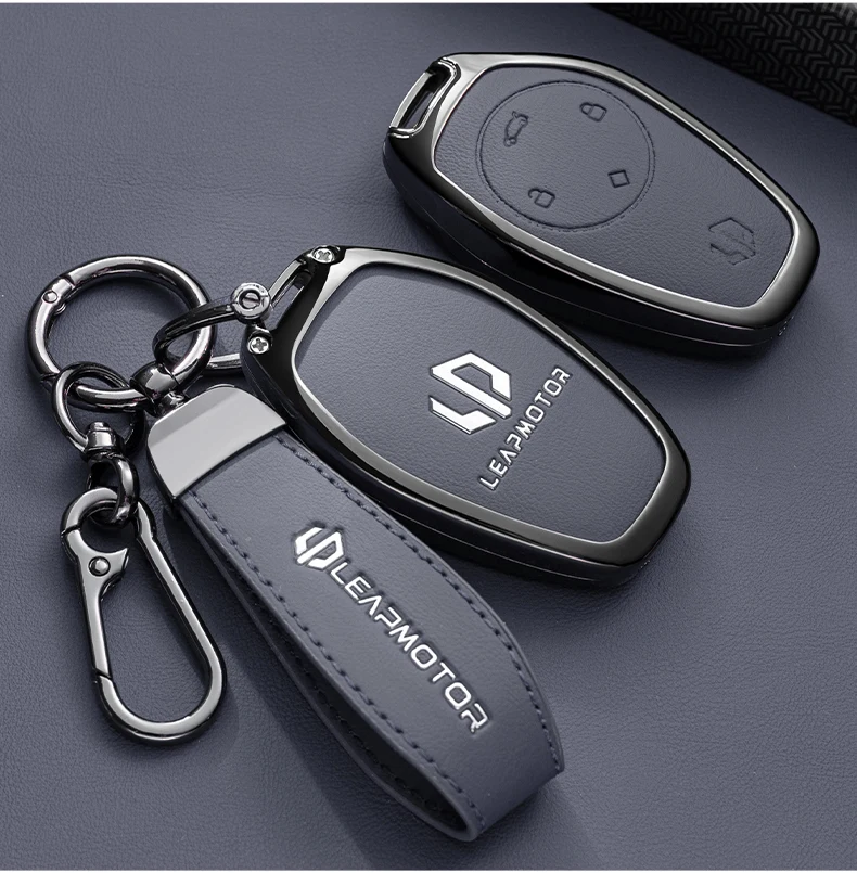 Autozubehör Schlüsselhülle aus Zinklegierung und Leder mit Kette für Leapmotor C16 C11 C10 C01 B10 T03 S01 Schlüsselschutzhülle – Detail 3