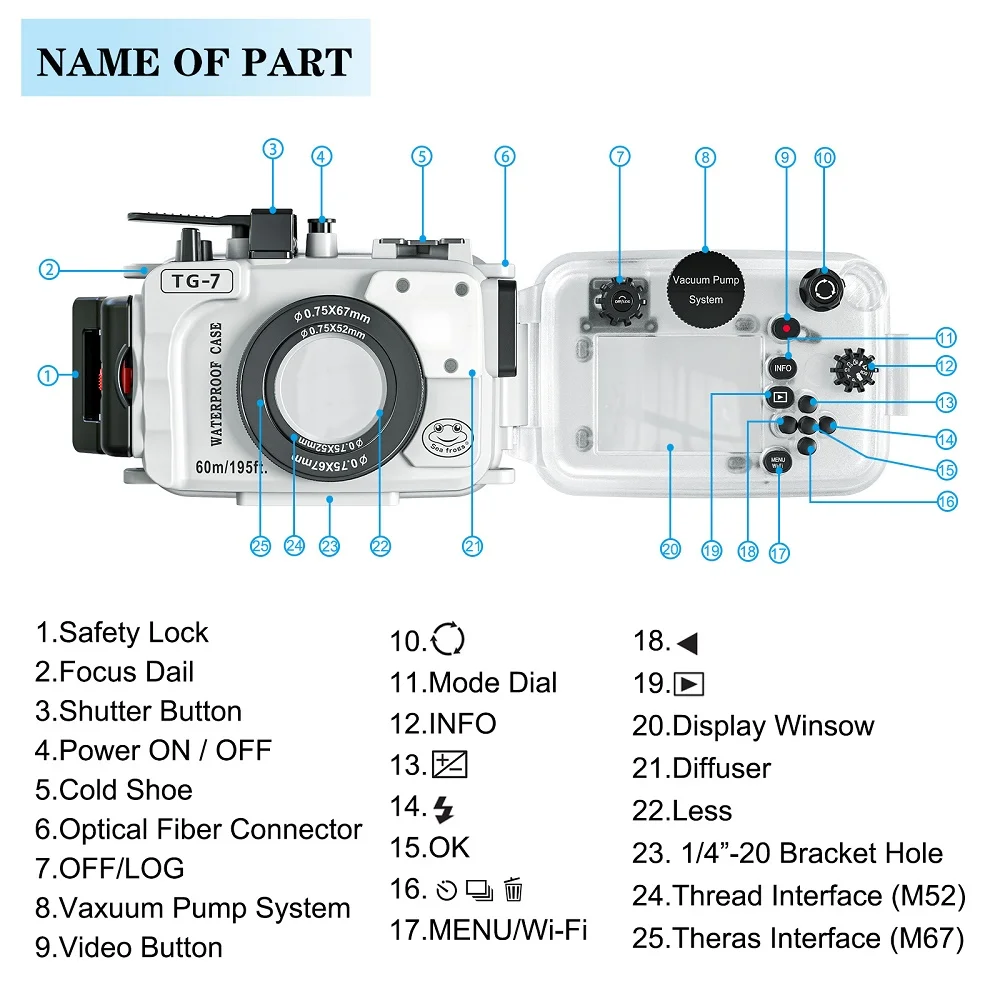 Mcoplus TG-7 60m/195ft Underwater Diving Waterproof Housing Camera Case for Olympus TG7 TG-7 Camera with Threaded Interface 67mm