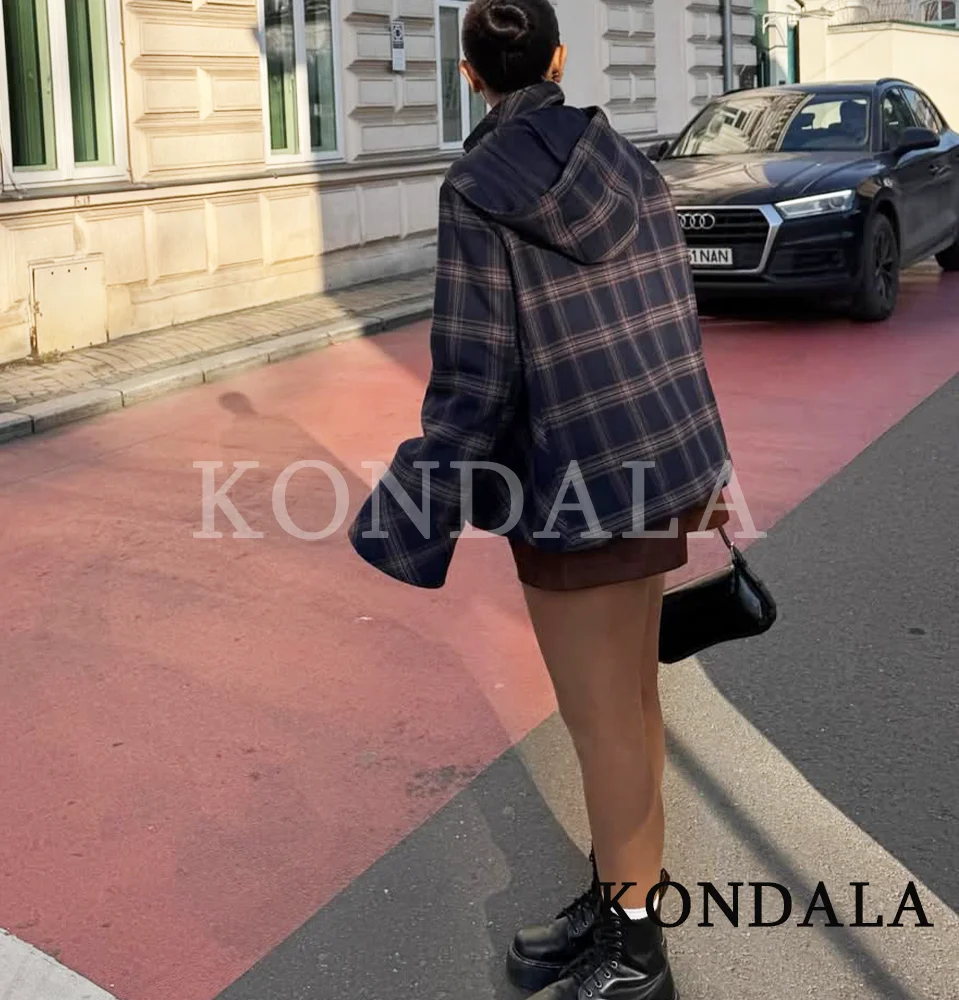 KONDALA Trendige High-Street Karierte Kapuzenjacke für Damen, Lockere Knopfjacke, Frühling/Herbst 2026, Modische Casual Pendler-Damenjacke