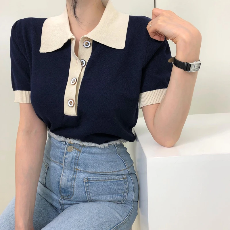 

Chic Spring ort Sve Knitted Ne T-irt Women's Slim Fit Button Design Color Blo Simple Sle Korean Version
