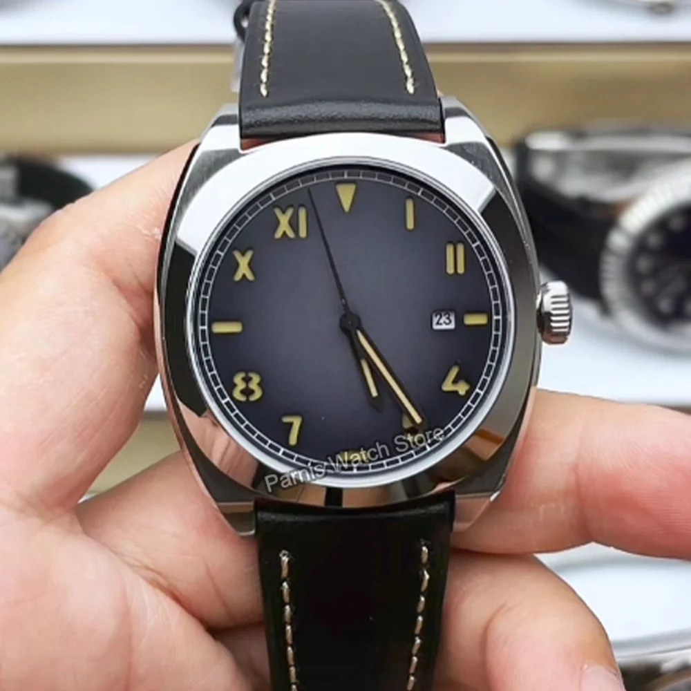 Parnis 42mm Silver Case Classical Brown Roman Numeral Dial Men Watch Sapphire Glass Mechanical Movement Automatic Men Wristwatch