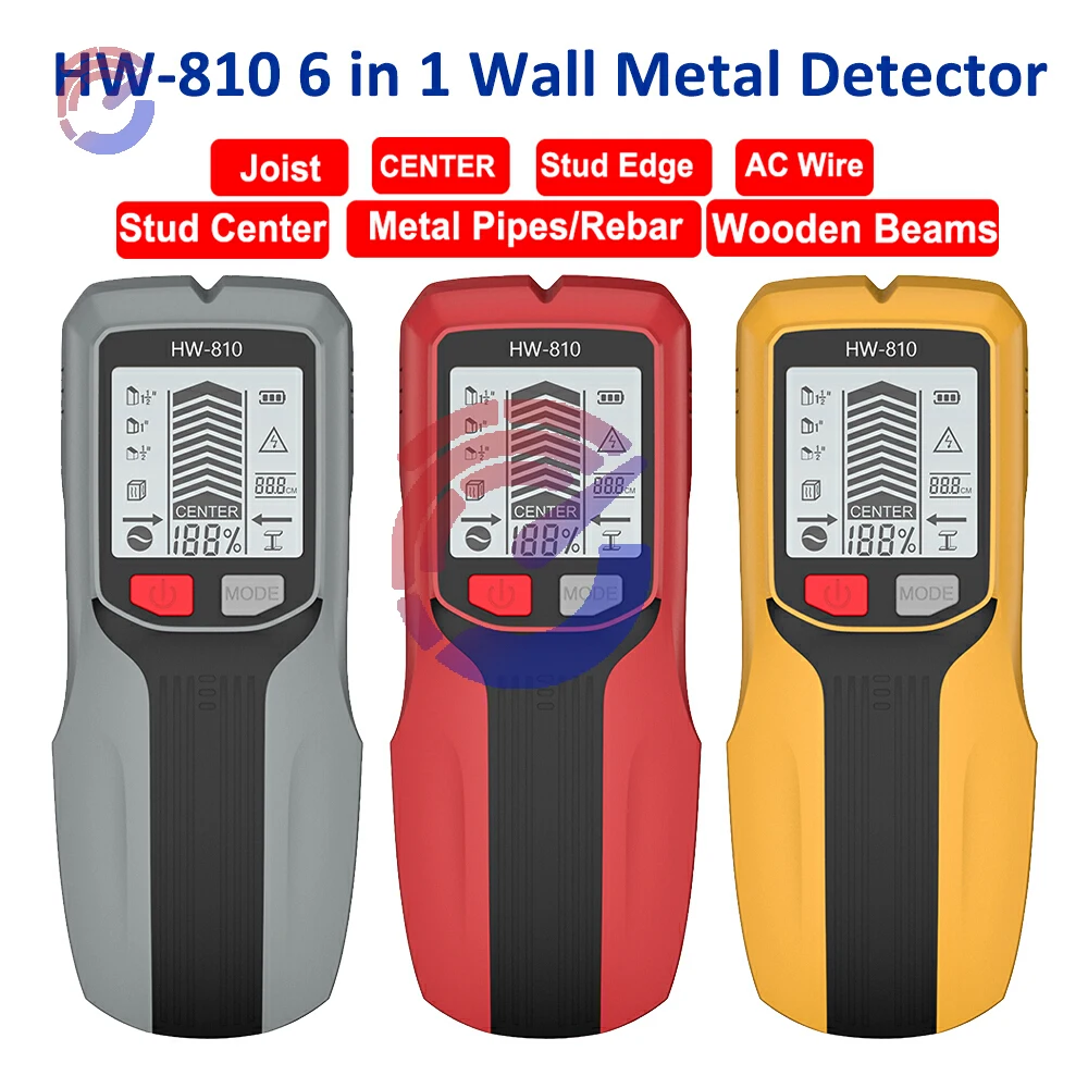 

HW810 6 in 1 Wall Metal Detector LCD Digital Screw Detector Sensor Portable Wall Scanner Stud /Metal Pipes/Reba Wooden /AC Wire