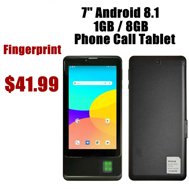 Tableta con reconocimiento de huella dactilar, dispositivo de 7 pulgadas, 1GB/8GB, Android 8,1, GSM, puertos SIM duales, pantalla IPS, Quad Core,