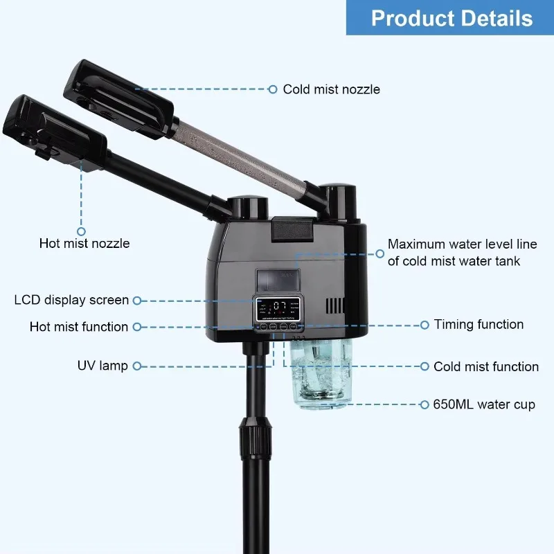 Professional 2 in 1 Black Facial Steamer Hot&Cold Nozzle Ozone Vaporizer Touch Lcd Display Face Steamer for Beauty Salon Spa