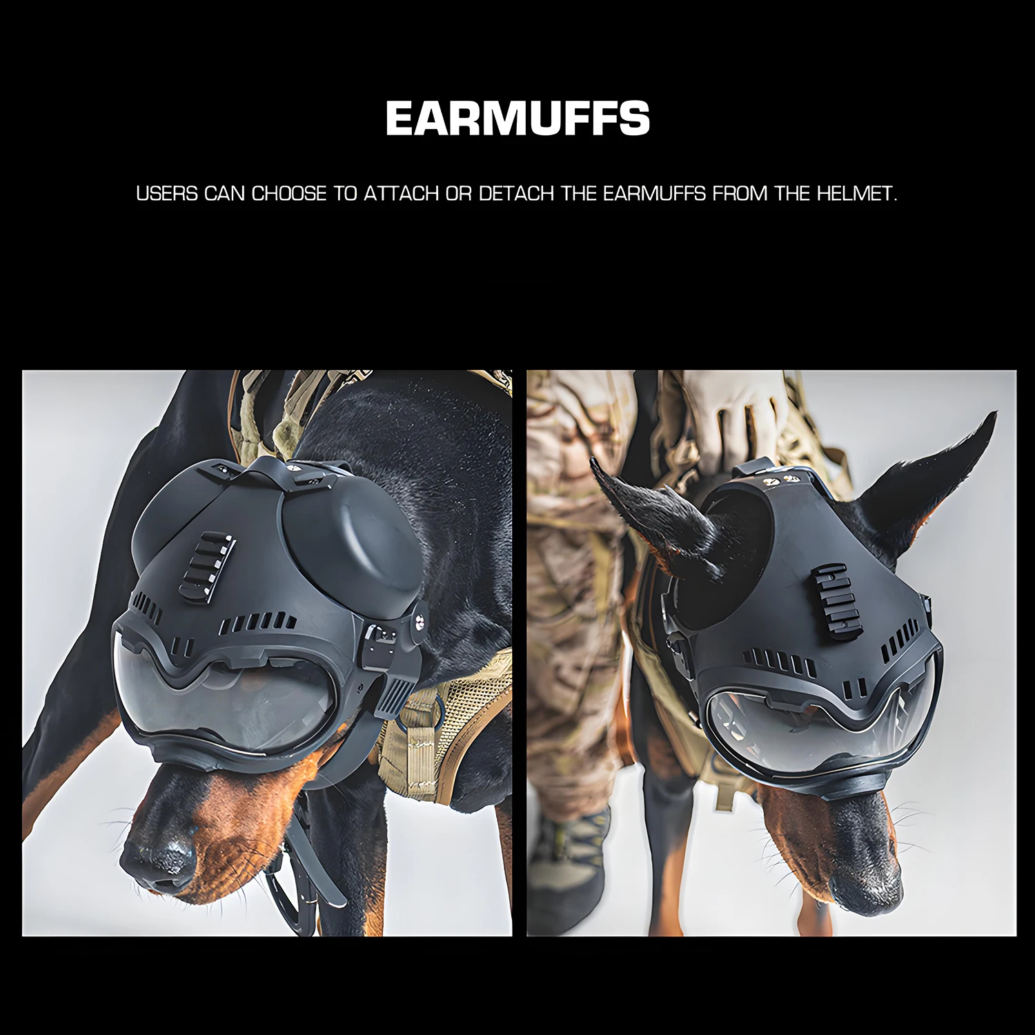 K9 Dog Helmet with Ballistic Goggles & Picatinny Rail Hearing Protection Earmuffs for Dogs (MWD) Malinois Shepherds Spainiels