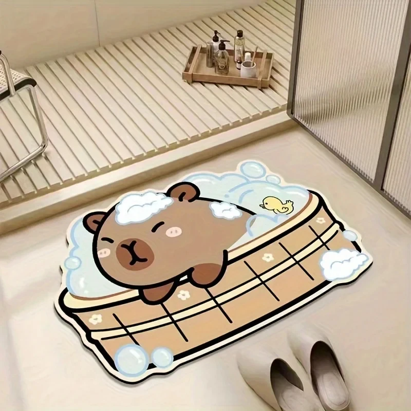 VIKAMA Cute Bathing Capybara Shaped Bath Mat, Kawaii Cartoon Non-slip Absorbent Washable Bathroom Shower Floor Rug