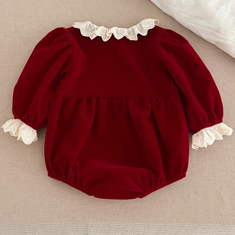 Christmas Baby Girls Outfit Romper Lace collar Jumpsuit New Years Red Playsuit Xmas Pullover Bodysuits Fall Winter Child Clothes