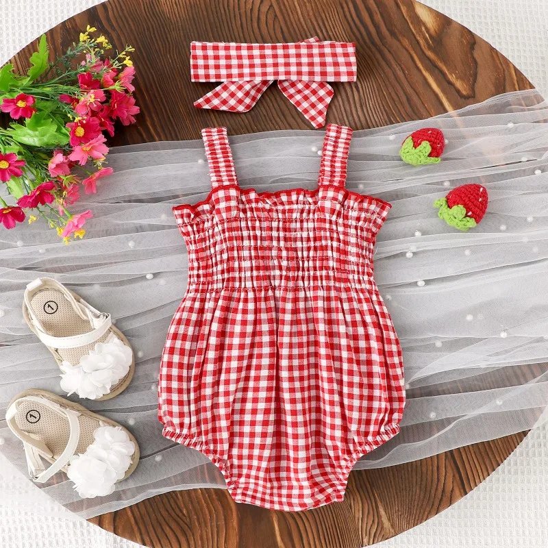 ZOETOPKID Baby Girl Strawberry Outfits Plaid Smocked Sleeveless Overall Romper Te-up Headband Cute Summer Clothes 2Pcs Set