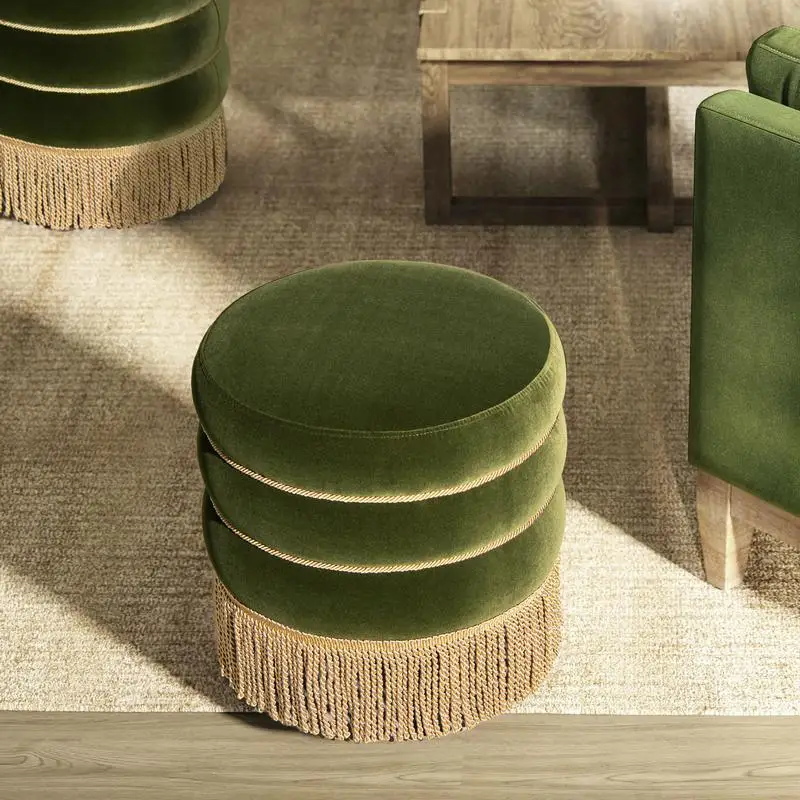 

17.5" Round Upholstered Ottoman with Bullion Fringe in Olive Green Performance Velvet, Perfect for Living Room or Bedroom Decor