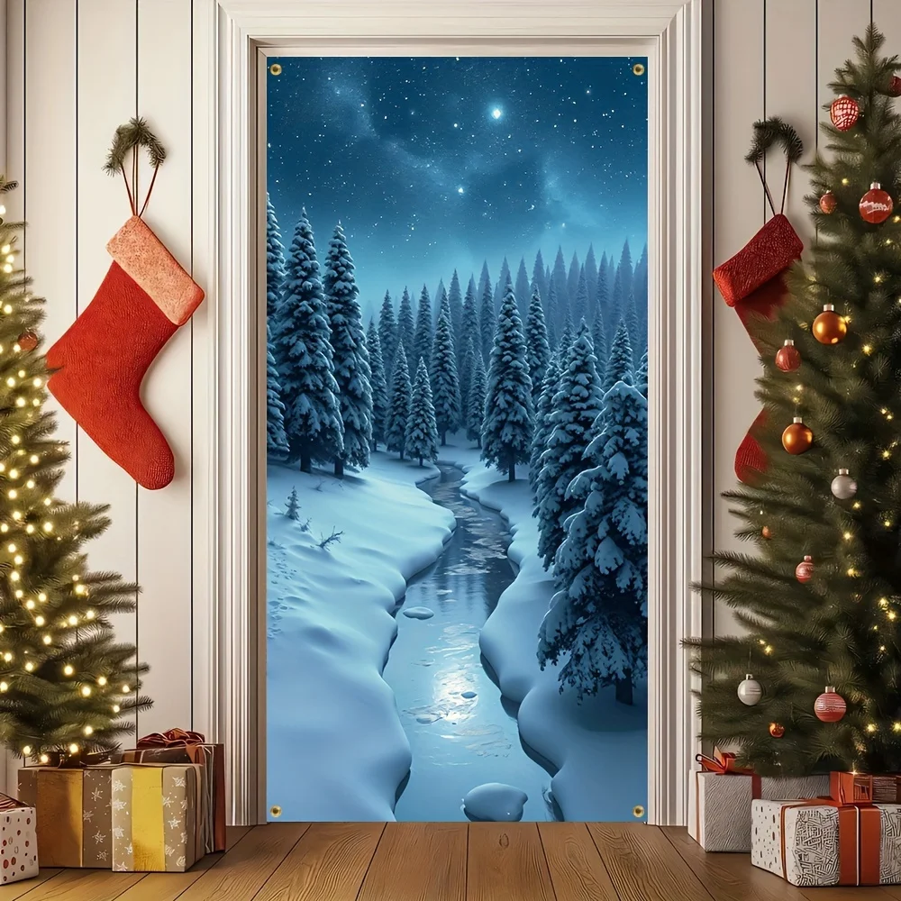 1pc inverno floresta fluxo bem-vindo porta bandeira decoração de natal e ano novo, adequado para entradas de casa, porches e jardins
