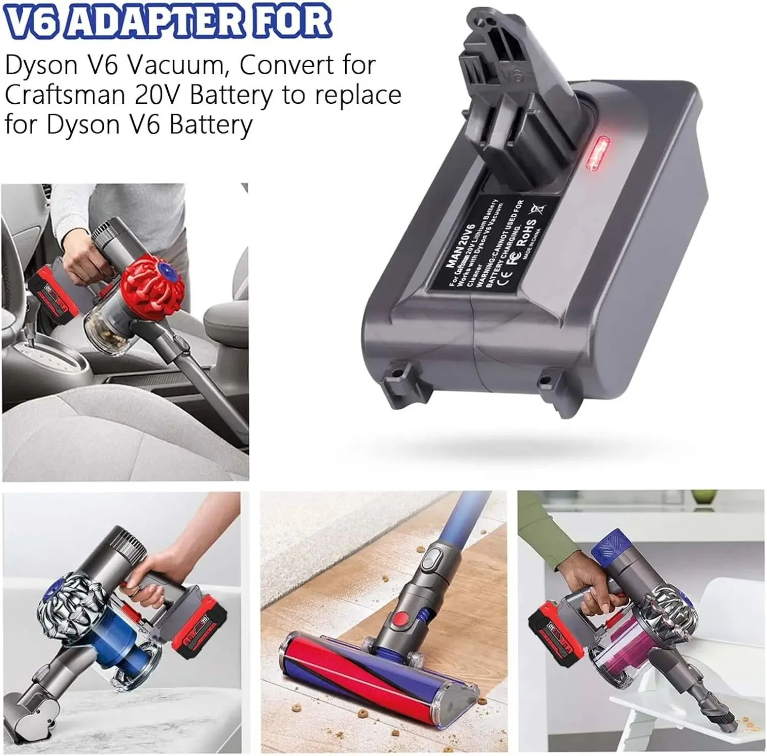 For Dyson V6 Cleaner Battery Adapter for Craftsman 20V Li-ion Battery Converter to For Dyson v6 Vacuum Cleaner MANV6