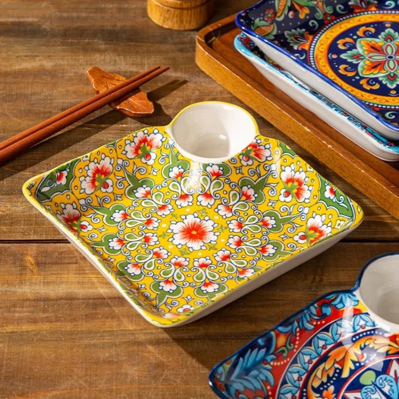 Retro Ceramic Dumpling Plate with Vinegar Dish Square Breakfast Compartmentalized Plate Dumpling-Specific Plate