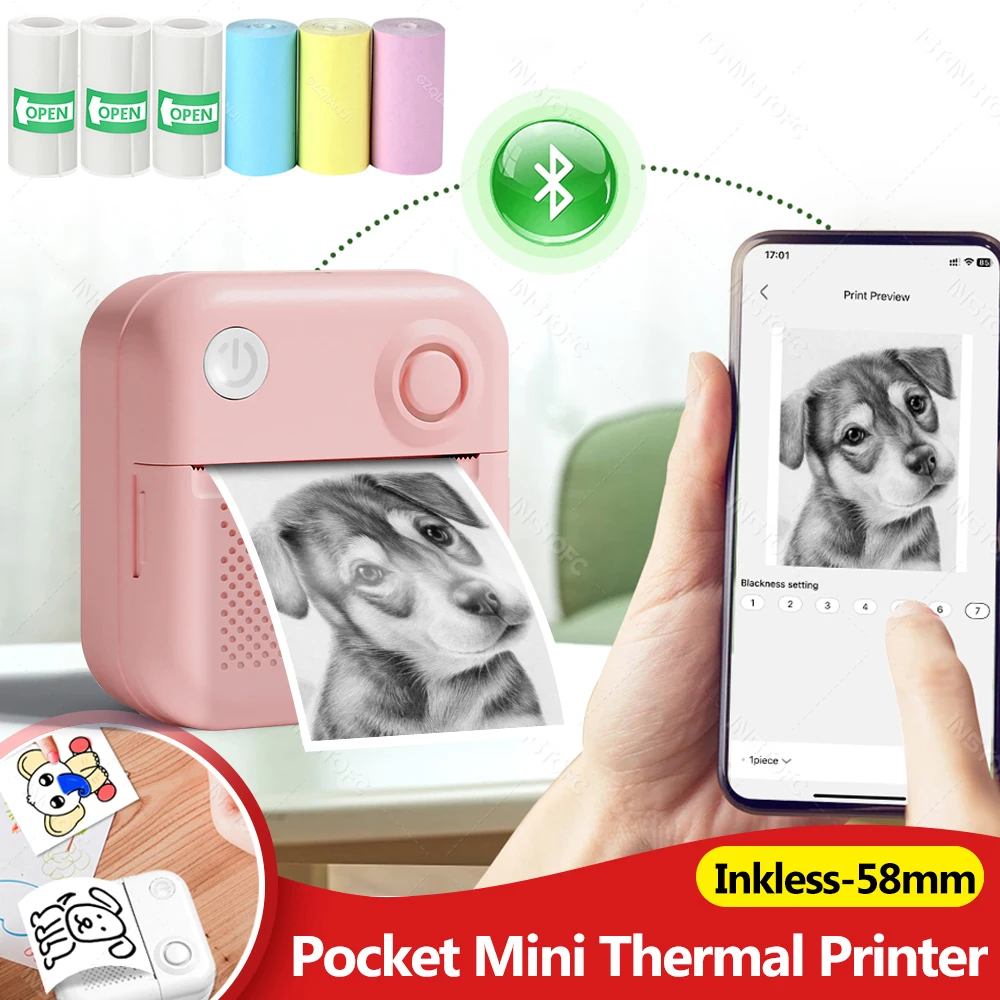 Mini stampante tascabile da 57 mm Carta termica e etichette adesive Stampa di foto Etichettatrice o carte Bluetooth