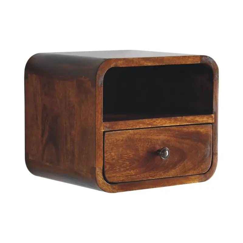 Extra Mini Curved Chestnut Wall-Mounted Nightstand with Open Slot and 1 Drawer Storage Solution