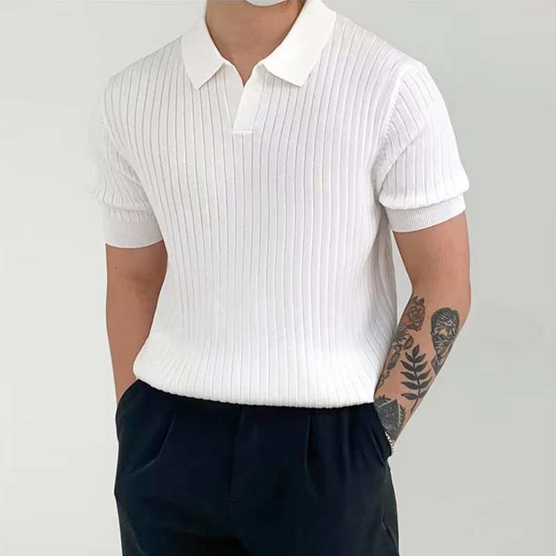 Fashion Knit Solid Color Men\'s Polo Shirt Slim Short Sleeve Turn-down Collar Ribbed Polo Tee 2023 Summer Men Clothes Casual Tops