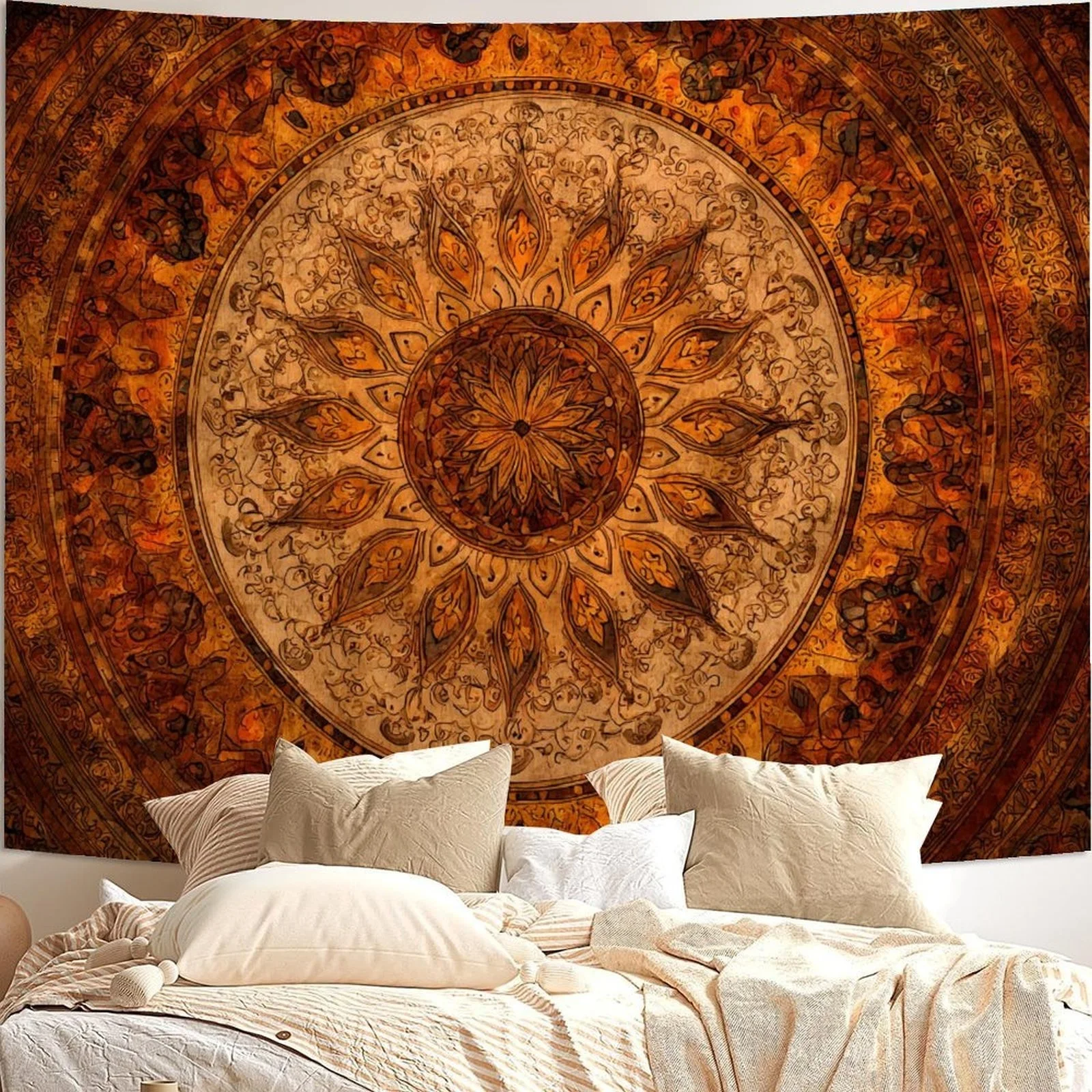 VIKAMA Bohemian Sun Tapestry For Bedroom, Living Room And Dorm, Retro Orange Brown Mandala Wall Hanging, Boho Home Decoration