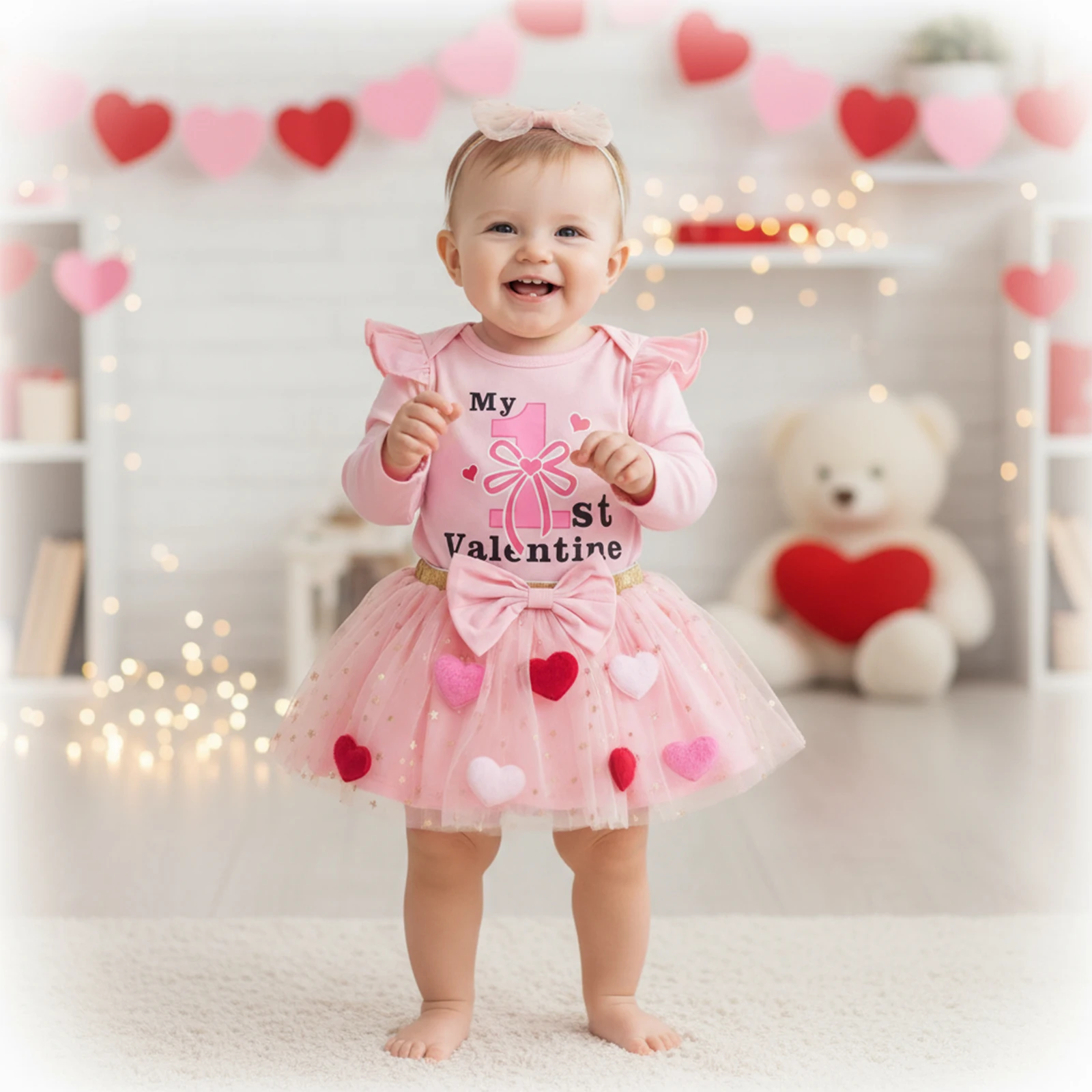 2026 السنة الجديدة طفل رضيع فتاة أول عيد الحب الزي طويلة الأكمام رسالة رومبير تول تنورة القوس عقال 3 قطعة مجموعة