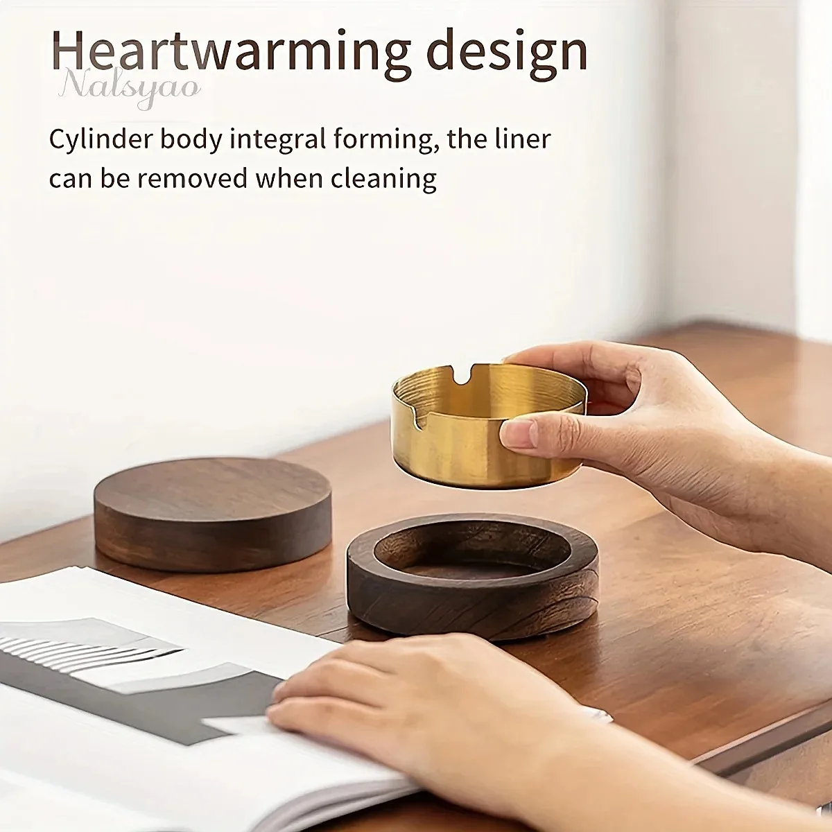 Wholesale Walnut Desktop Ashtray with Stainless Steel Lid, Windproof Decorative Ashtray for Office Home Bar Room