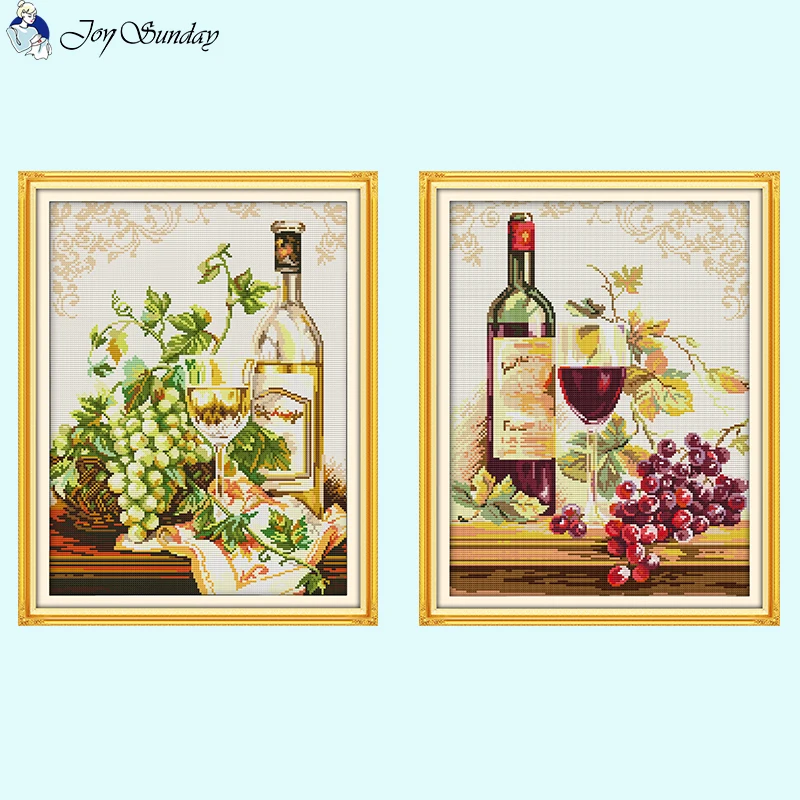 Wine Bottle Series Pattern Joy Sunday Cross Stitch Kits 14ct 16ct 11ct White Fabric Printed Embroidery Set DIY Home Decor Crafts