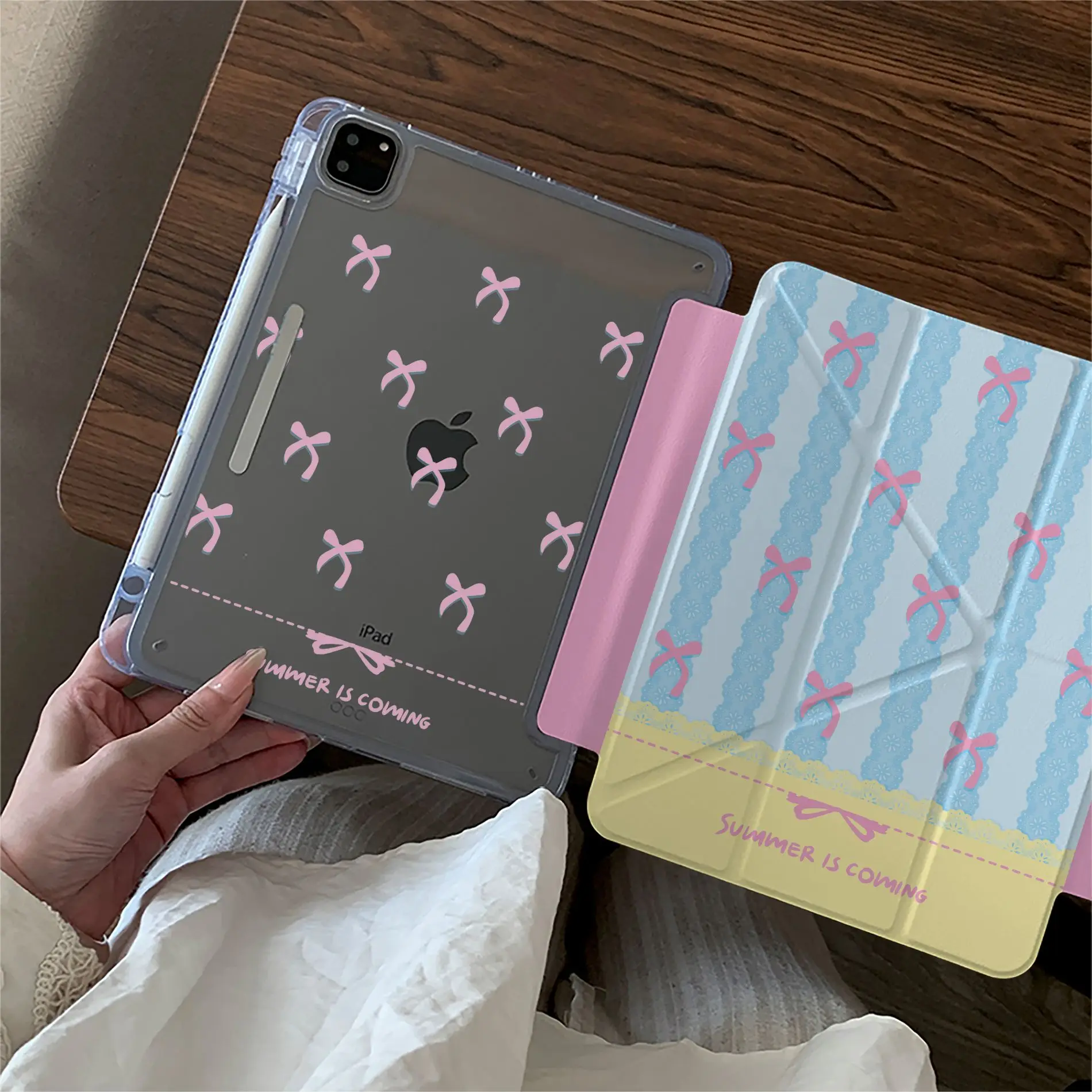 Korea Pink Blue Lace Bow Tablet Case For iPad Pro 11 13 M2 M4 M3 10.2 5/6th 7/8/9/10/11th Mini 6 7 Air 3 4 5 6 Stand Cover