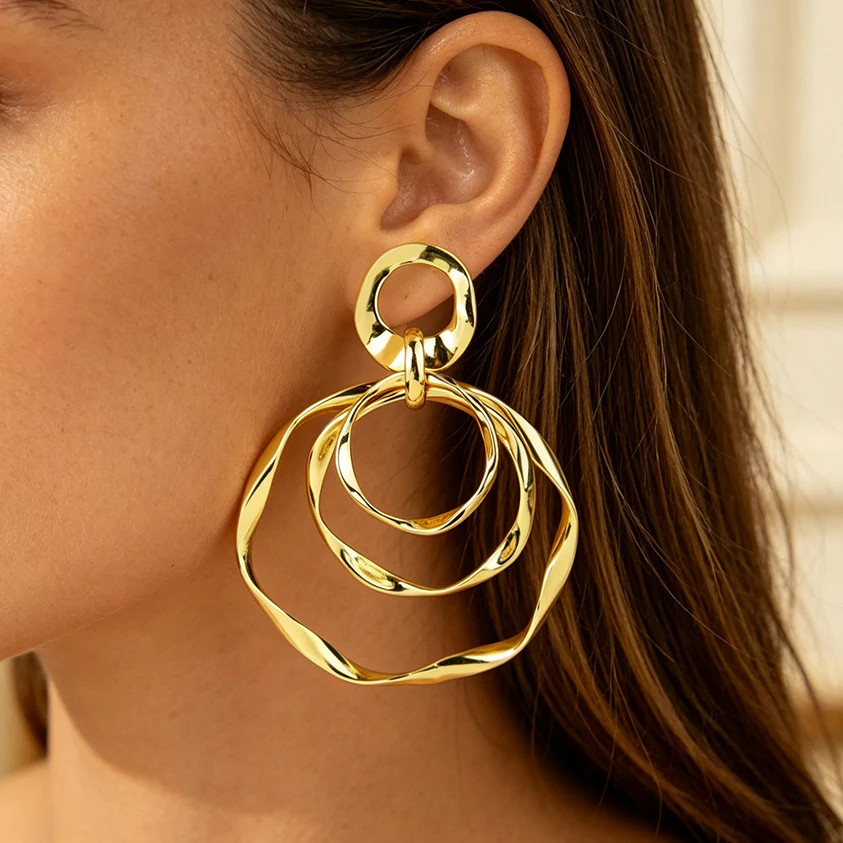 Personality Tri-Color Hoop Earrings Geometric Twisted Textured Circles Drop Earrings European Minimalist Statement Jewelry