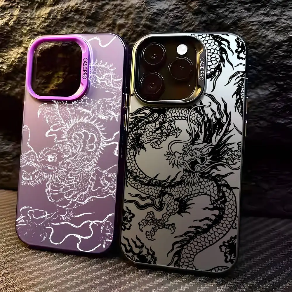 Fashion Chinese Dragon Phone Case For IPhone 16 15 14 13 12 11 Pro Max Black Matte Multicolor Laser 