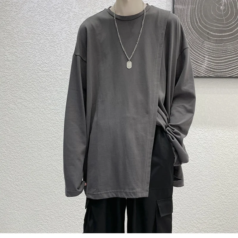 

Men's Trend Split Hem Loose T Shirts Spring New Long Sleeve O-neck Solid Color Simplicity Tops Tees Casual Fashion Men Clothing