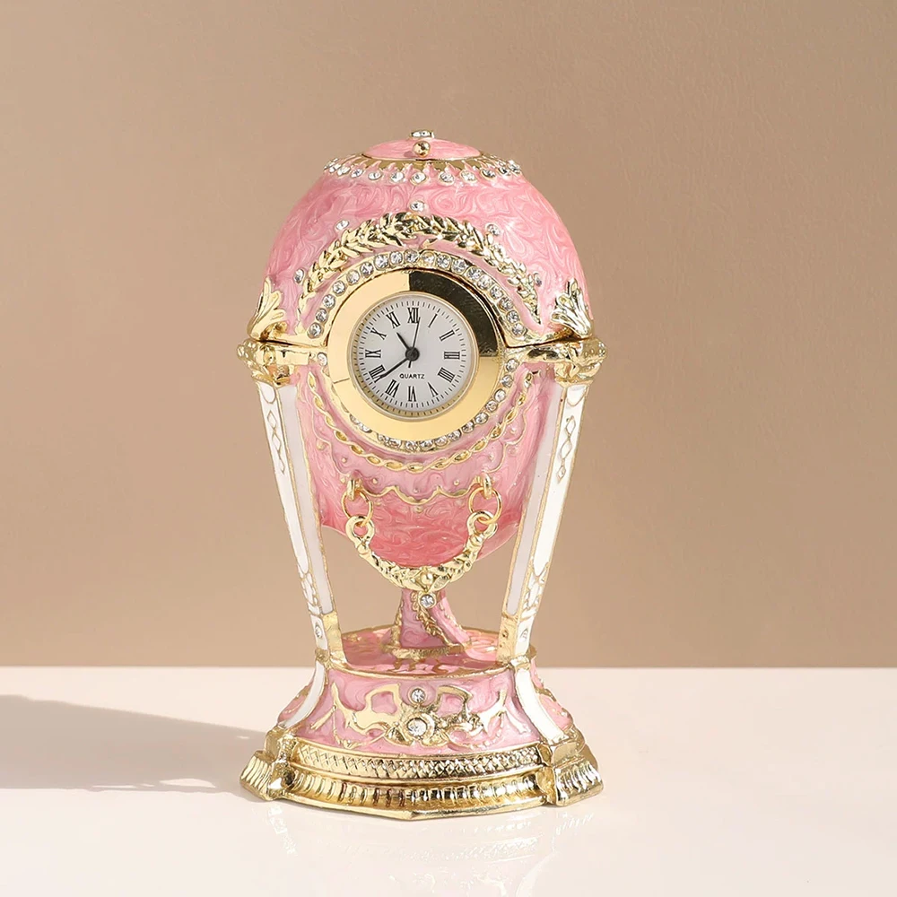Enamel Faberge Classics Clock Easter Egg Jewel Case Jewelry Storage Box Metal Handicraft Home Furnishing Articles Wedding Gift
