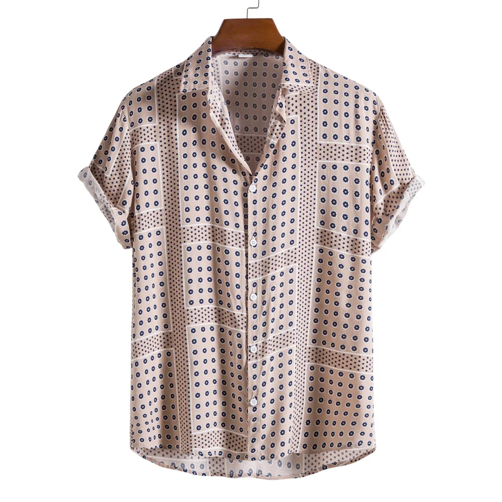 Chemise en mélange de coton ethnique pour hommes, pied-de-poule, imprimé à carreaux, revers, manches courtes, streetwear d'été, loisirs