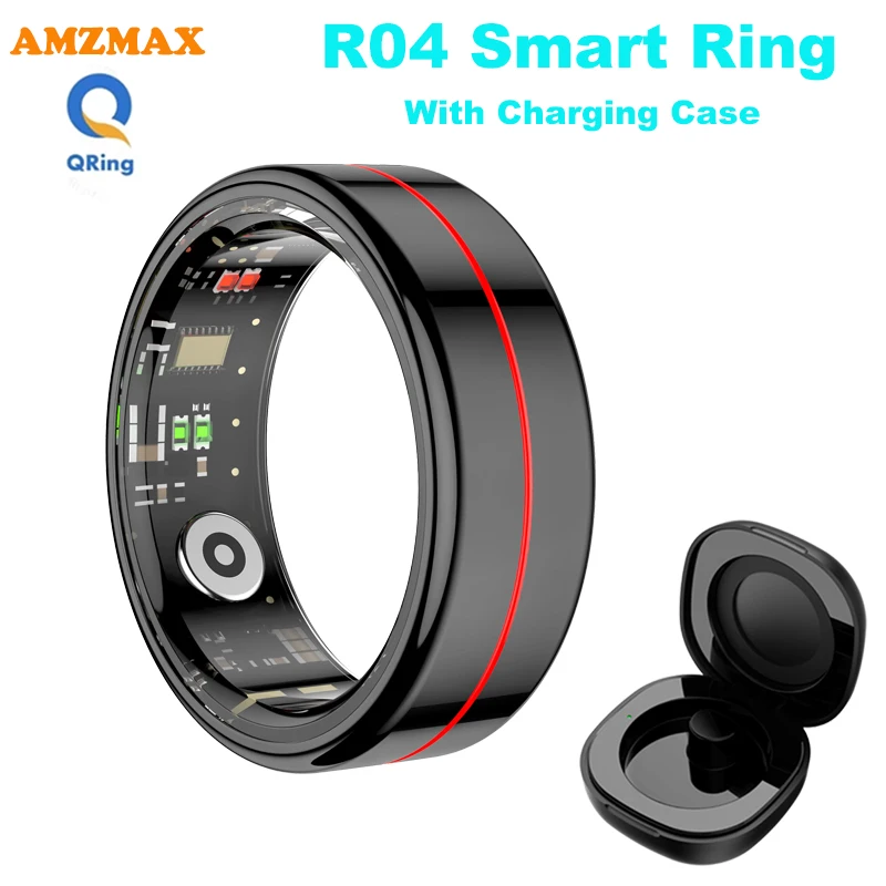 R04 Smart Ring Uomo Donna con custodia di ricarica, cardiofrequenzimetro e ossigeno nel sangue, impermeabile 5ATM, modalità multi-sport per Android IOS