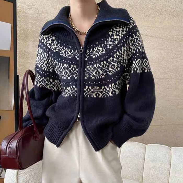 

autumn winter Women zipper Knitted Cardigan casual loose vintage print Sweater korean Long sleeve gray Short coats Tops Sweaters