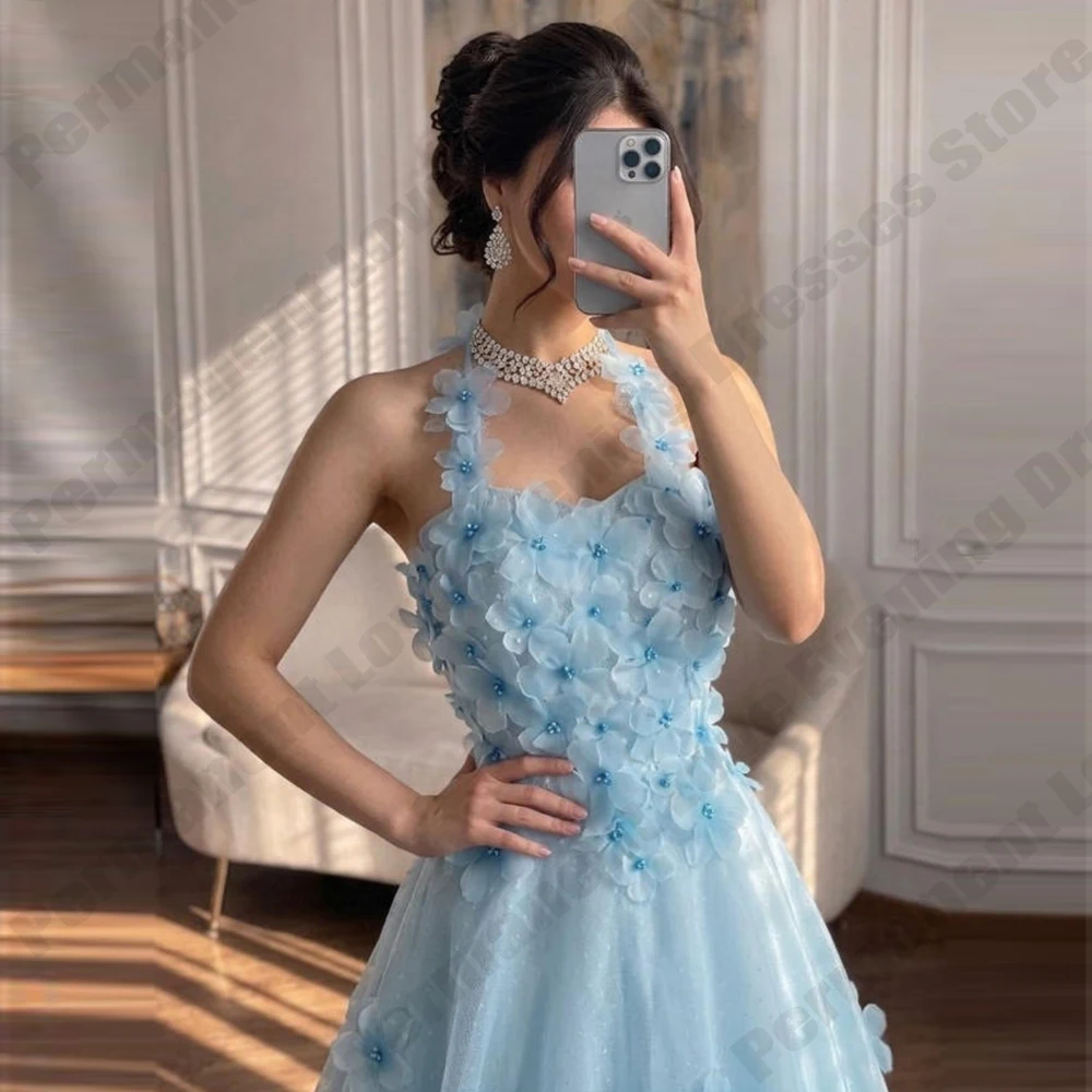 2026 Sky Blue Women's Prom Gowns 3D Stickers Princess Tulle Evening Dress A-line Formal Beach Fashion Celebrity Party Customized