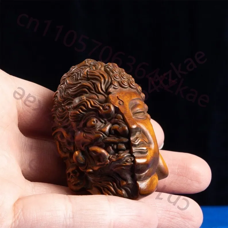 Artistic Wooden Buddha & Wrathful Face Sculpture - Handmade Duality Figurine Ornament
