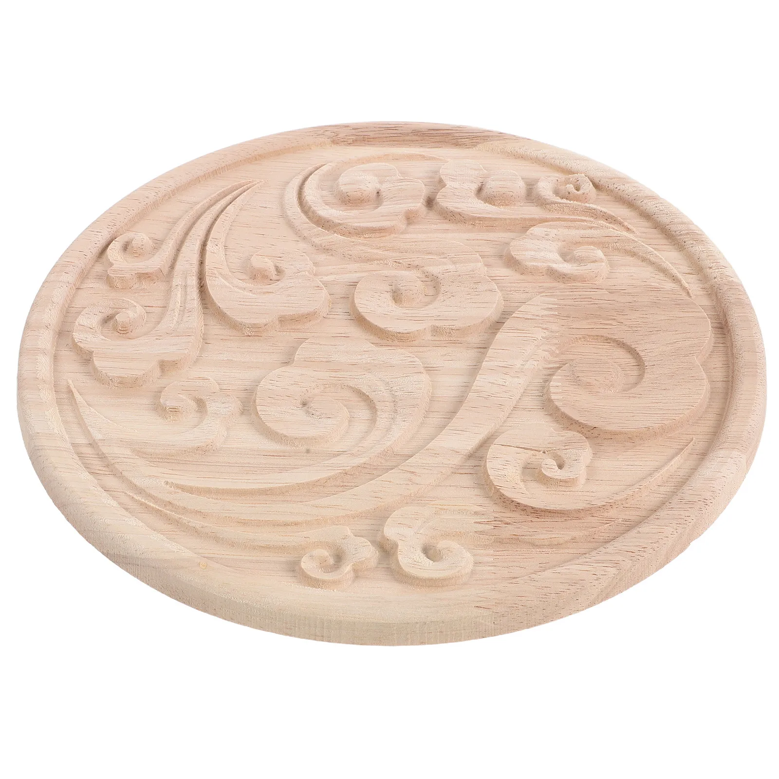 Wooden Carved Round Applique 9.5 Inch Auspicious Clouds Decorative Unpainted Onlay for Cabinet Door Wall Furniture