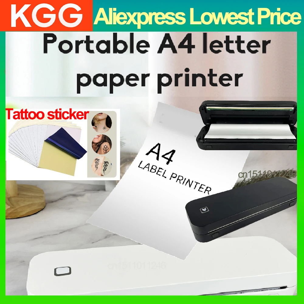 KGG A4 Thermal Printer 203DPI Bluetooth Pocket Photo Document Printer Memo Note Tattoo Printing Wireless Inkless Thermal Printer