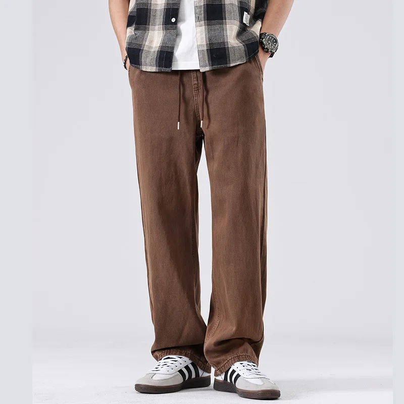 

Men Spring Loose Casual Wide Leg Straight Lightweight Elastic Waist Jeans Men's Lyocell Denim Plus Size Jeans Pants Trousers