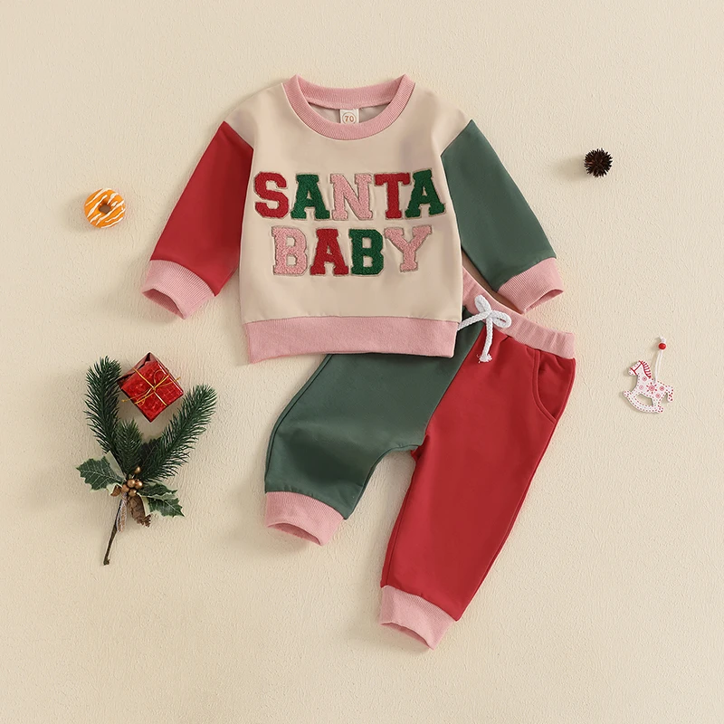 2024-08-20 Lioraitiin Toddler Boys Christmas Outfits Letter Embroidery Long Sleeve Sweatshirts and Long Pants 2Pcs Clothes Set