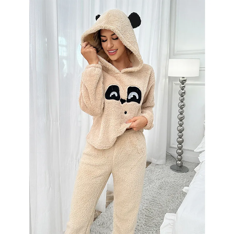 European and American Flannel Pajamas Solid Color Cartoon Pattern Pullover Set Autumn and Winter Loungewear Thick Hooded Pj Set