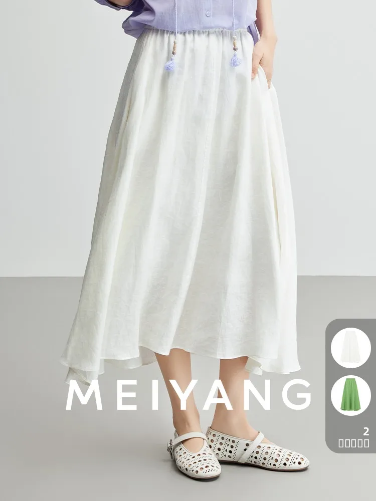 

Льняная юбка миди Meiyang Qingmei, повседневная, с завышенной талией, расклешенная, для женщин, лето 2025, свободная А-образная юбка