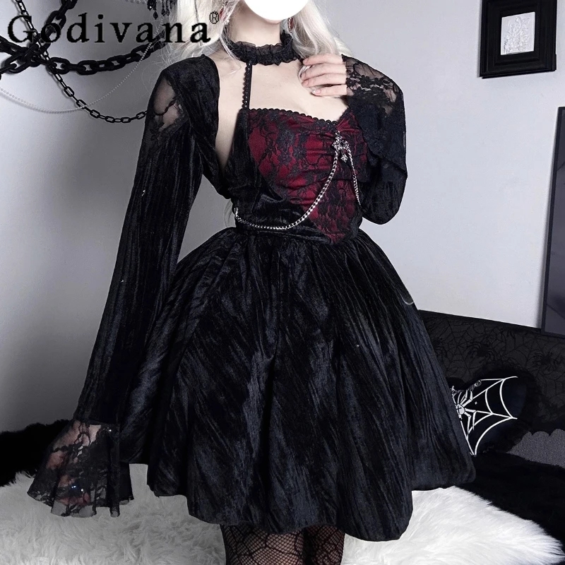 مجموعة فستان مخملي ذو ثقافة فرعية داكنة من الدانتيل على الطراز القوطي للنساء فستان أسود عالي الخصر لمهرجان لعب الأدوار فستان الحفلات