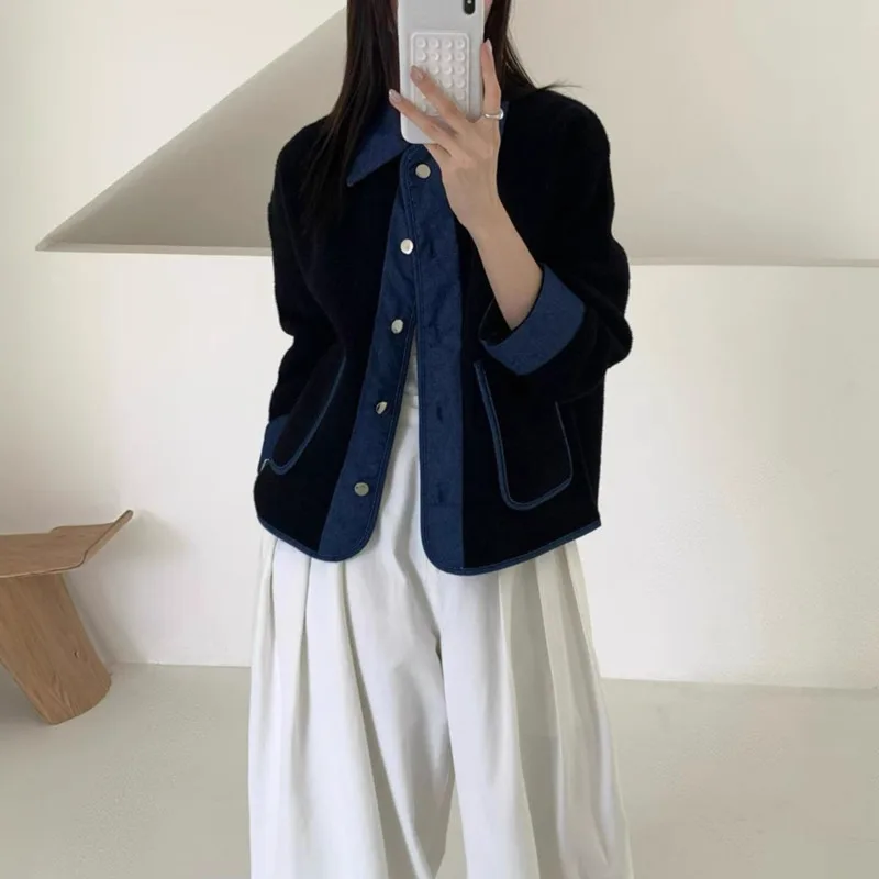 ANJY Autumn Winter Women's European Elegant Patchwork Denim Knitted Cardigan Fashion Casual Chic Versatile Sweater Jacket A14588