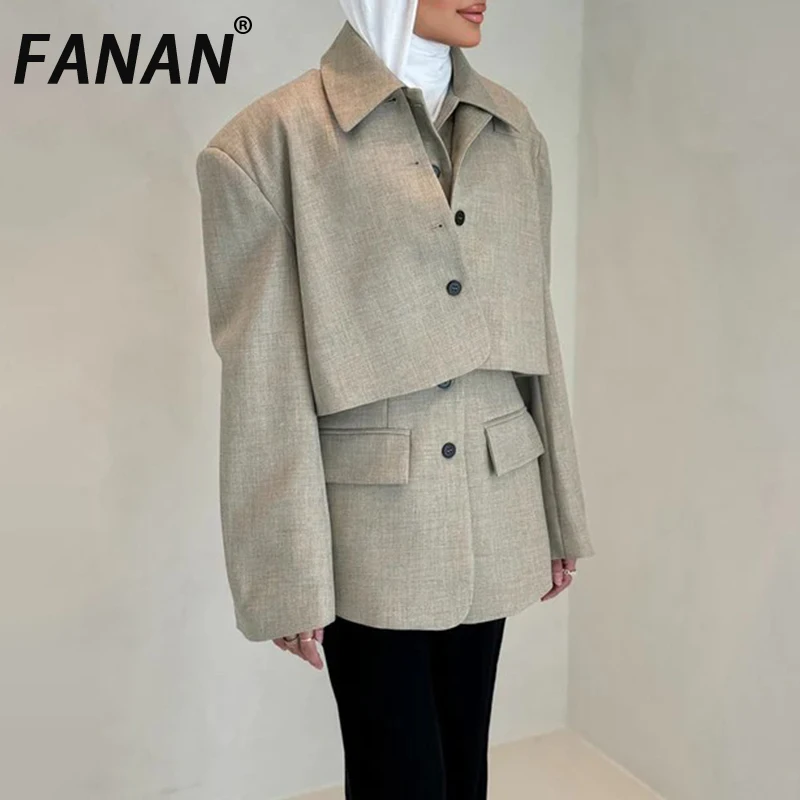 

FANAN Temperament 2 Piece Design Blazers For Women Round Neck Single Breasted Vest+lapel Long Sleeve Coats 2025 Autumn New