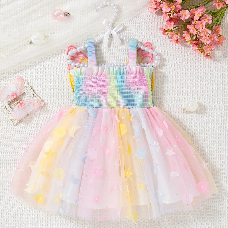 Baby Girl Dress Summer Mesh Sequin Butterfly Suspender Girl Princess Dress Cute Flower Girl Dress Birthday Party Dress