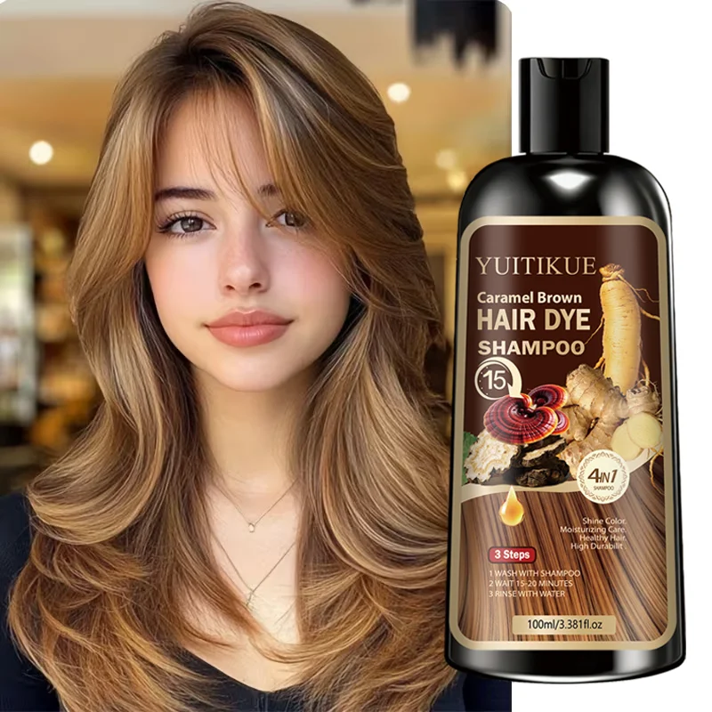 YUITIKUE Champú para teñir el cabello marrón caramelo - Champú hidratante para teñir el cabello 4 en 1 Tinte para el cabello de larga duración para todo tipo de cabello