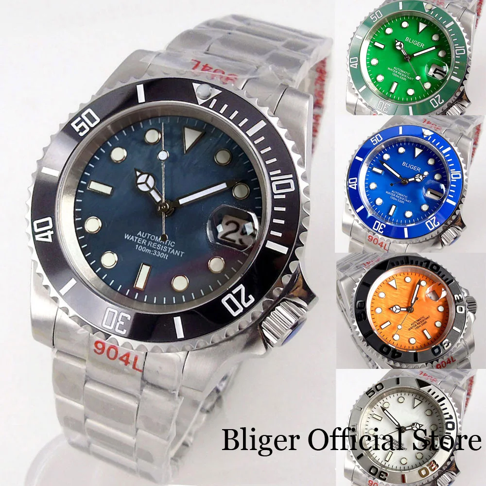 

BLIGER 40mm NH35A Automatic Mens Watch Brush Steel Bracelet Luminous Blue Green Dial Sapphire Crystal 3.8 o'clock Crown